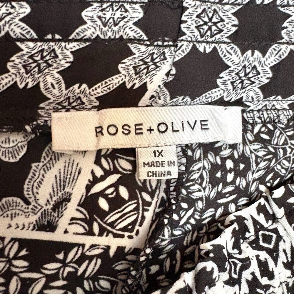 ROSE + OLIVE Black White Print Wide Leg Pants Size XL Elastic Waist Soft BOHO - Picture 5 of 7